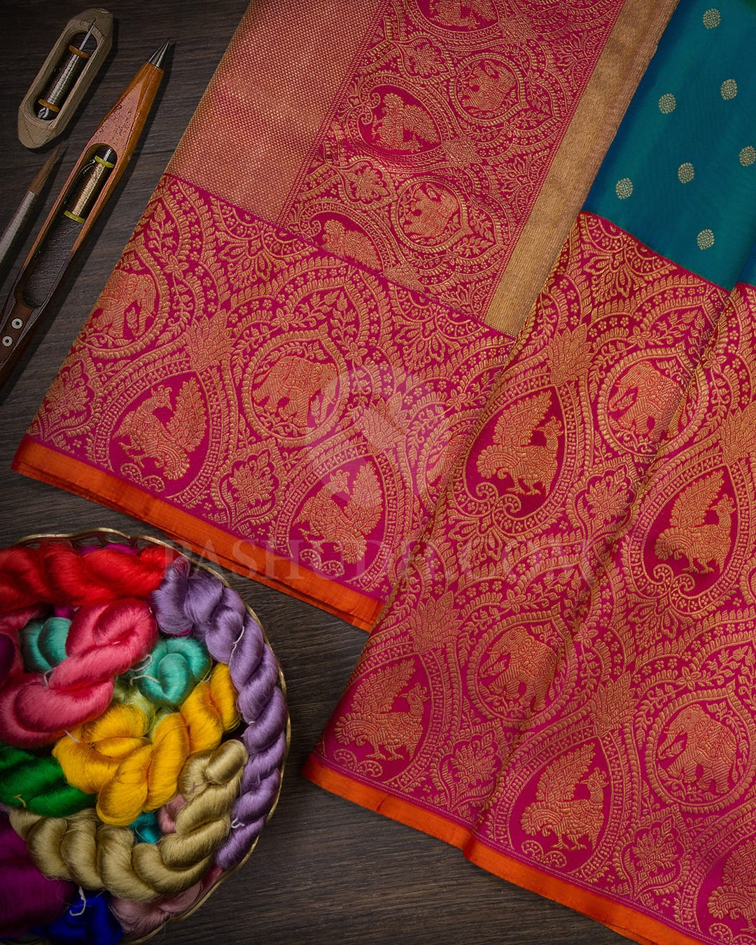 Peacock Blue With Rani Pink Pure Zari Kanjivaram Silk Saree-P211(A)