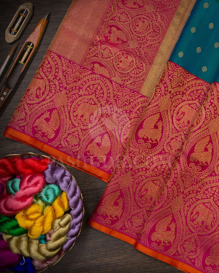 Peacock Blue With Rani Pink Pure Zari Kanjivaram Silk Saree-P211(A)
