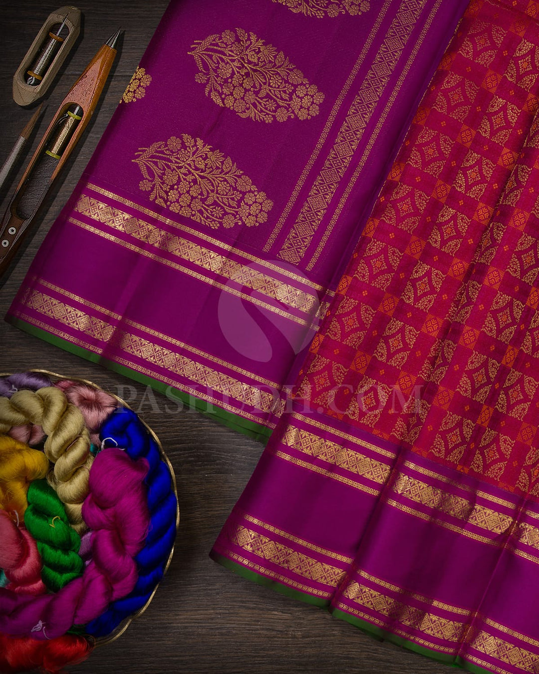 Dual Shaded Red-Pink With Violet Kanjivaram Silk Saree-DJ398(C)