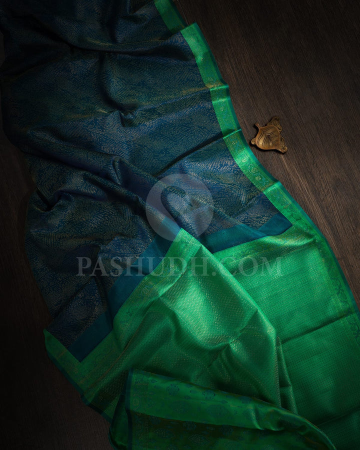 Teal With Parrot Green Kanjivaram Silk Saree-D662(A)