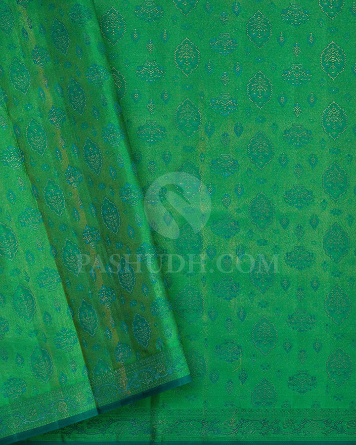 Teal With Parrot Green Kanjivaram Silk Saree-D662(A)