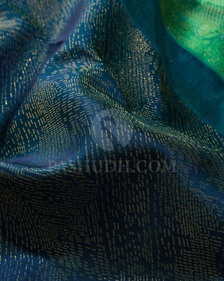 Teal With Parrot Green Kanjivaram Silk Saree-D662(A)
