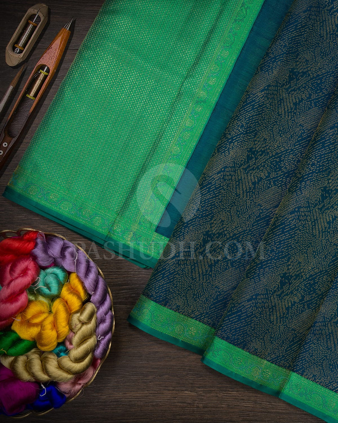 Teal With Parrot Green Kanjivaram Silk Saree-D662(A)