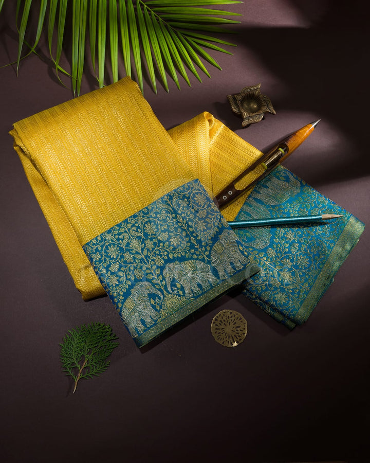 Bright Yellow With Anandha Blue Kanjivaram Silk Saree-S1595(A)