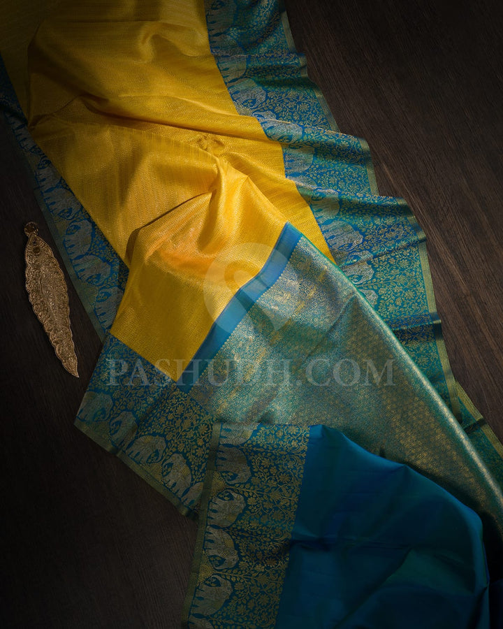 Bright Yellow With Anandha Blue Kanjivaram Silk Saree-S1595(A)