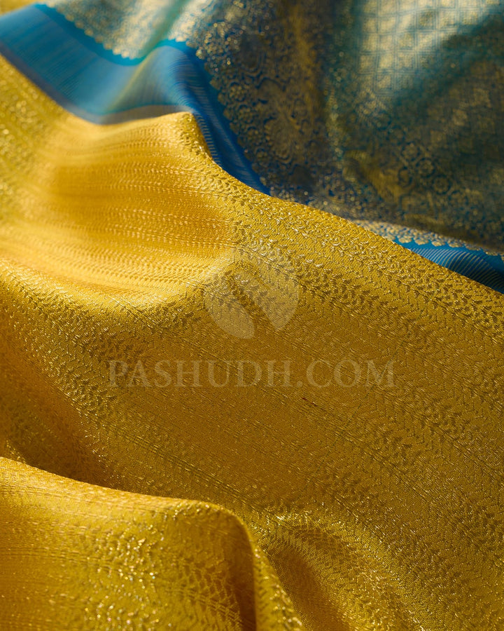 Bright Yellow With Anandha Blue Kanjivaram Silk Saree-S1595(A)
