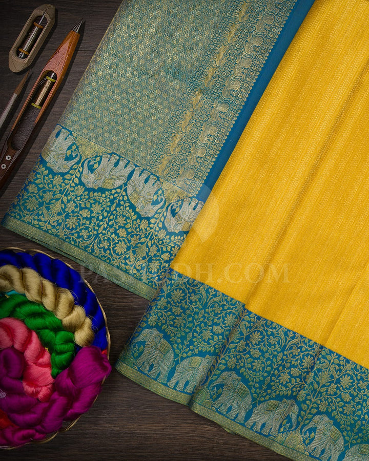 Bright Yellow With Anandha Blue Kanjivaram Silk Saree-S1595(A)