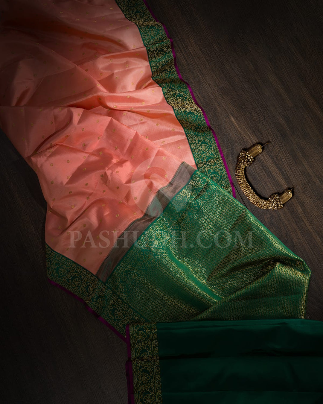 Peachy Pink With Bottle Green Kanjivaram Silk Saree-S1505(B)