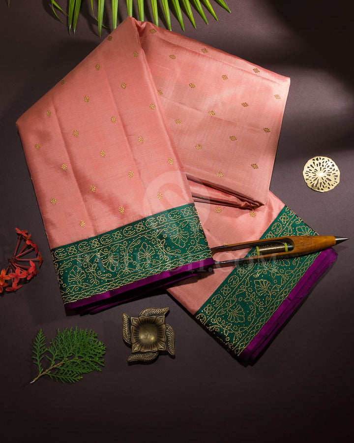 Peachy Pink With Bottle Green Kanjivaram Silk Saree-S1505(B)