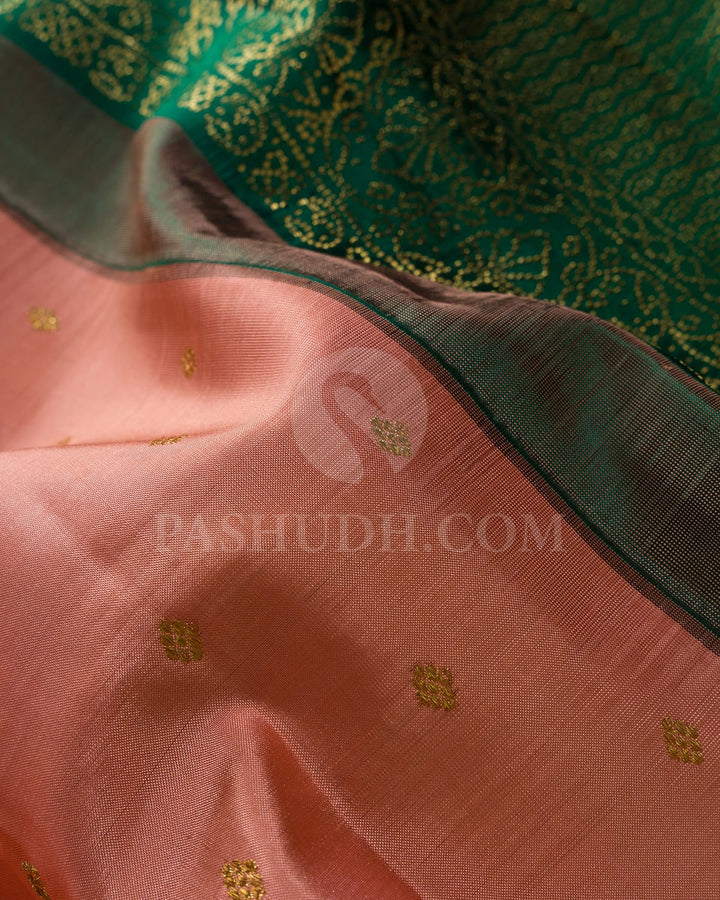 Peachy Pink With Bottle Green Kanjivaram Silk Saree-S1505(B)