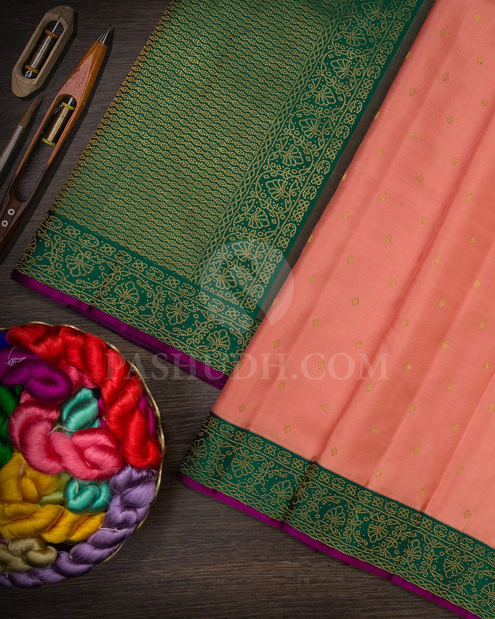 Peachy Pink With Bottle Green Kanjivaram Silk Saree-S1505(B)