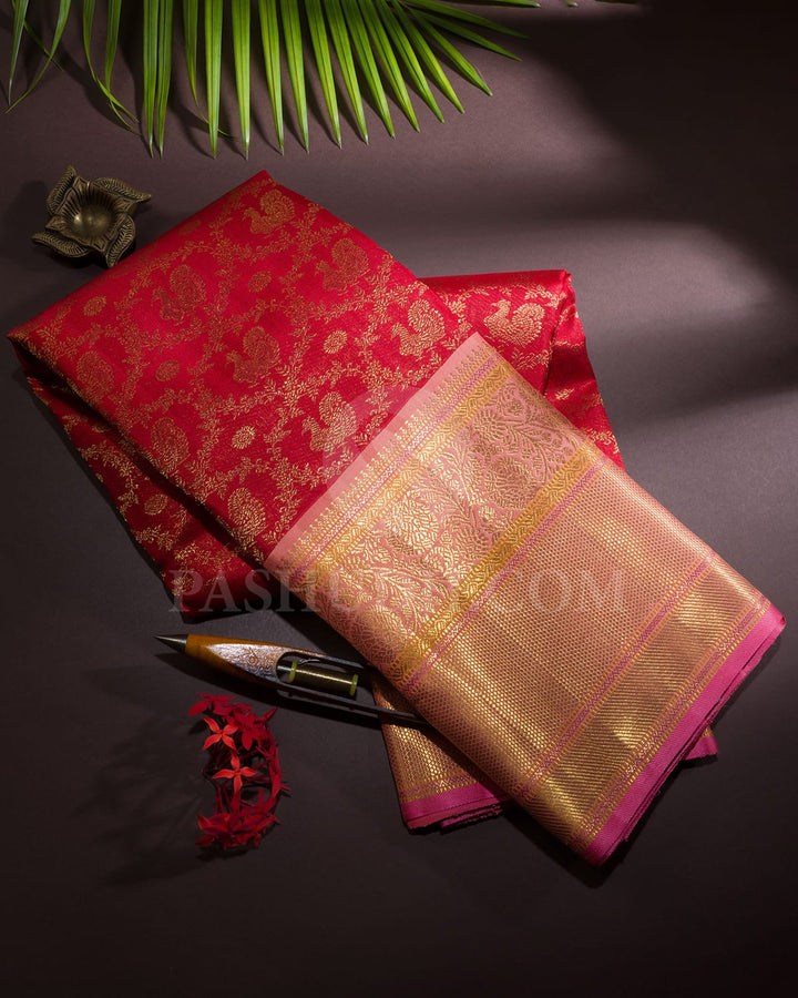 Bright Red With Peachy Pink Bridal Kanjivaram Silk Saree-S1592(A)