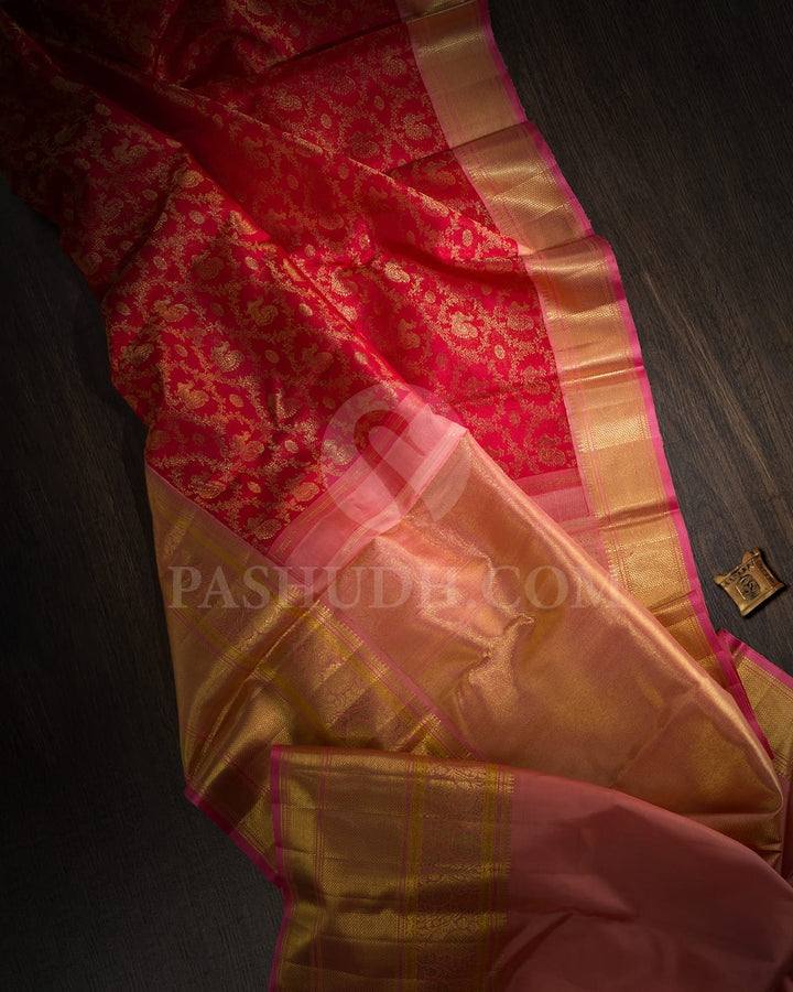 Bright Red With Peachy Pink Bridal Kanjivaram Silk Saree-S1592(A)