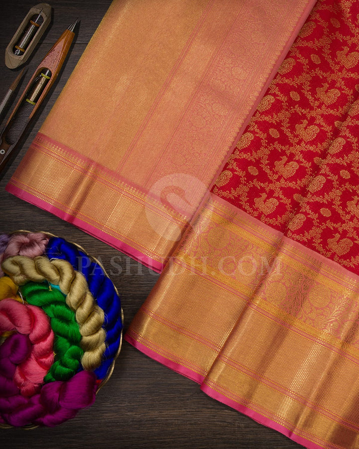 Bright Red With Peachy Pink Bridal Kanjivaram Silk Saree-S1592(A)