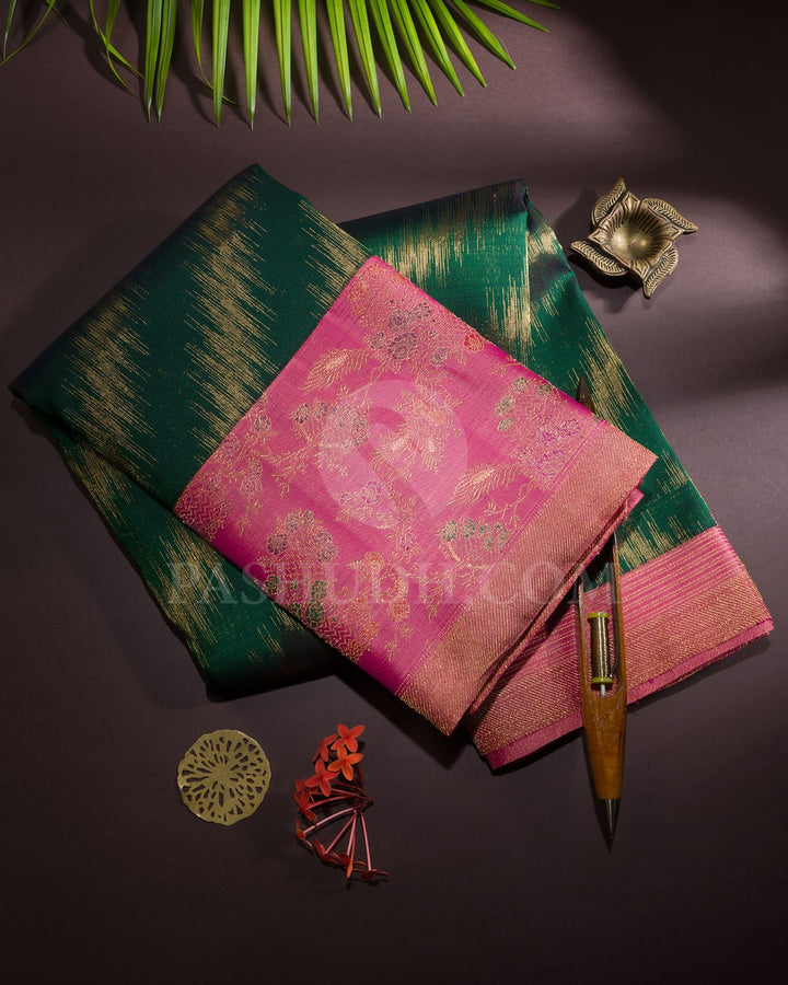 Dark Green With Fuchsia Pink Pure Zari Kanjivaram Silk Saree-P212(A)