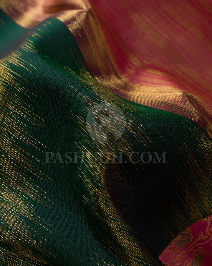 Dark Green With Fuchsia Pink Pure Zari Kanjivaram Silk Saree-P212(A)