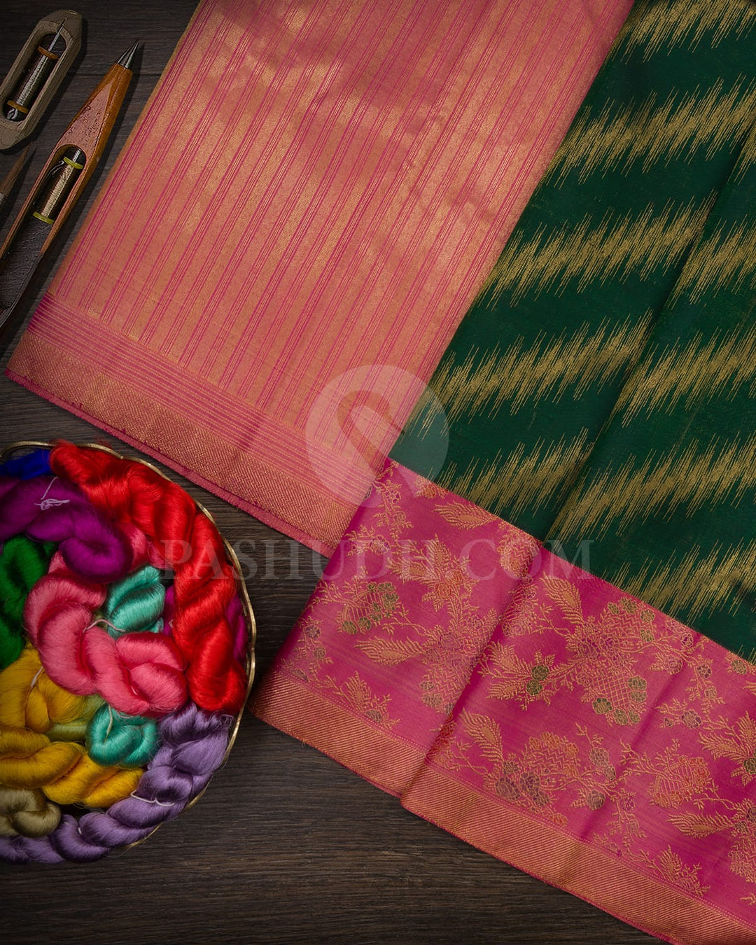 Dark Green With Fuchsia Pink Pure Zari Kanjivaram Silk Saree-P212(A)