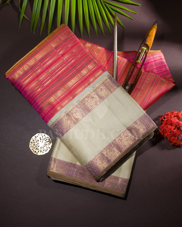Fuchsia Pink With Half White Kanjivaram Silk Saree-S1484(D)