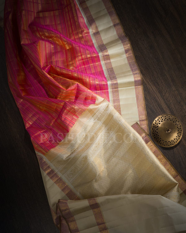 Fuchsia Pink With Half White Kanjivaram Silk Saree-S1484(D)