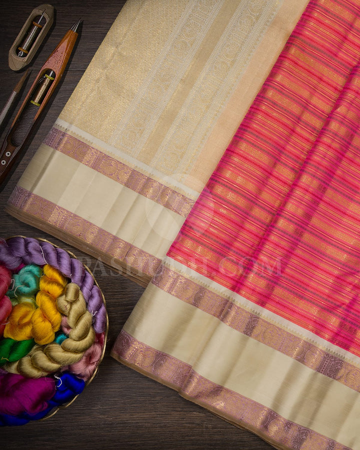 Fuchsia Pink With Half White Kanjivaram Silk Saree-S1484(D)