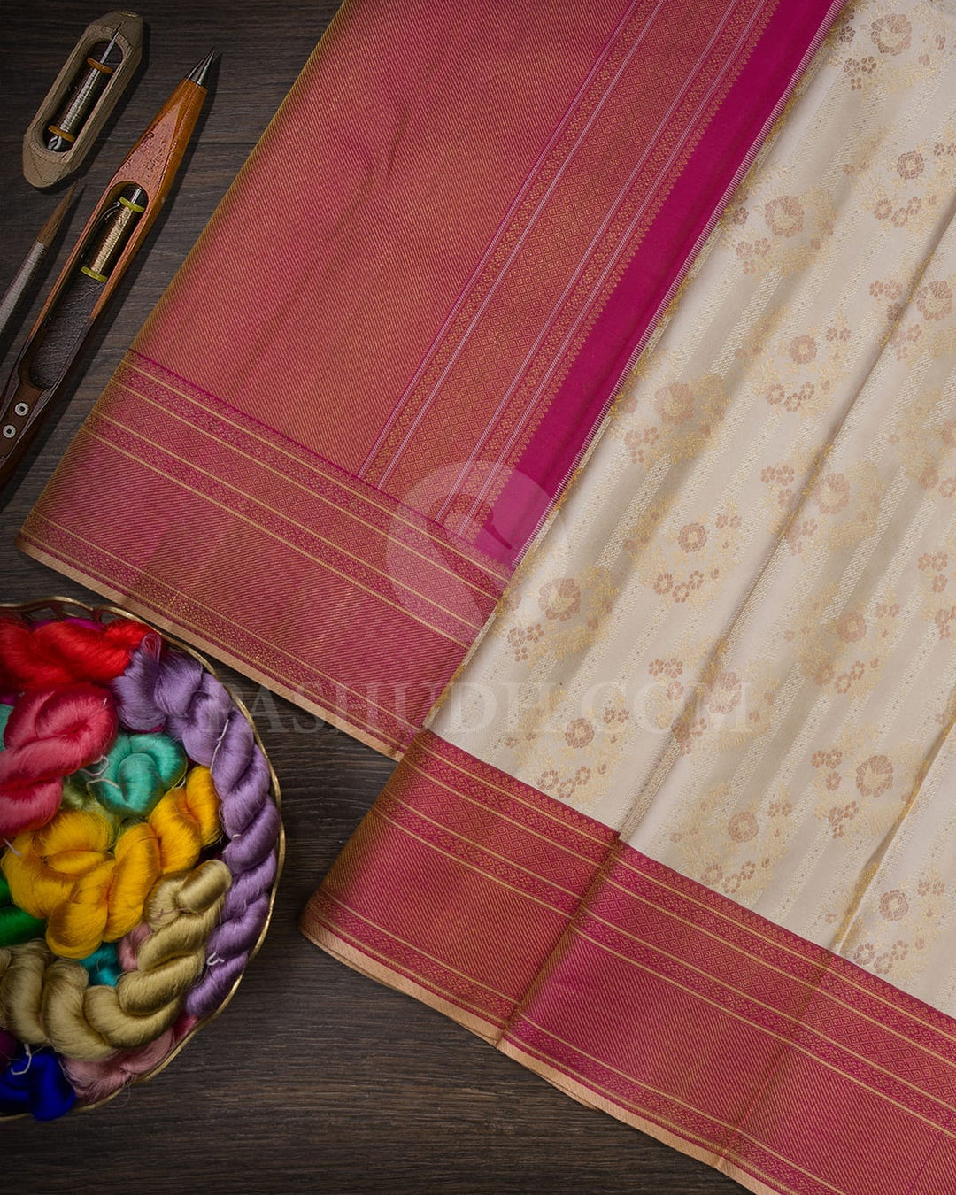 Mild Beige With Raspberry Pink Kanjivaram Silk Saree-DJ388(F)