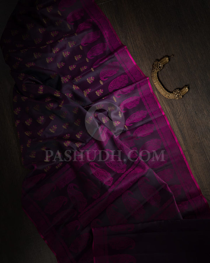 Aubergine With Rani Pink Kanjivaram Silk Saree-DJ411(A)