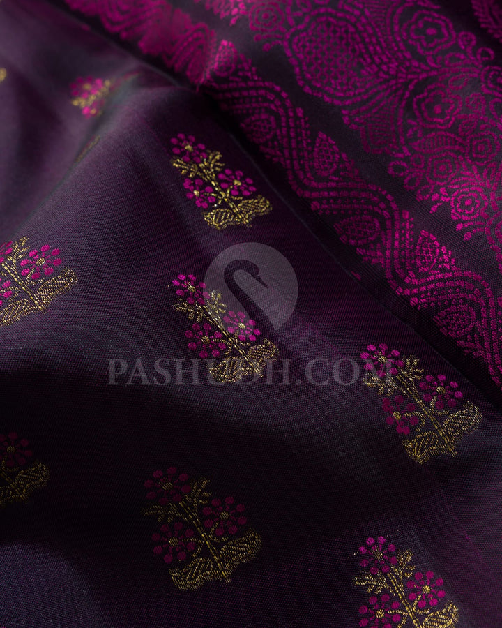 Aubergine With Rani Pink Kanjivaram Silk Saree-DJ411(A)
