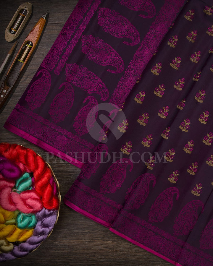 Aubergine With Rani Pink Kanjivaram Silk Saree-DJ411(A)
