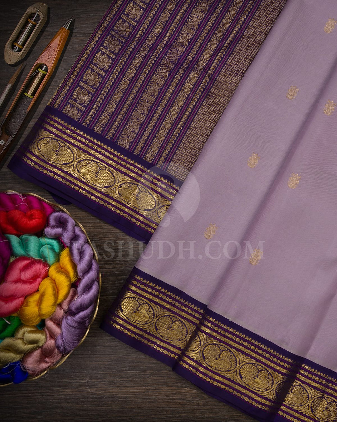 Lavender Body With Royal Blue Pure Zari Kanjivaram Silk Saree-SP350