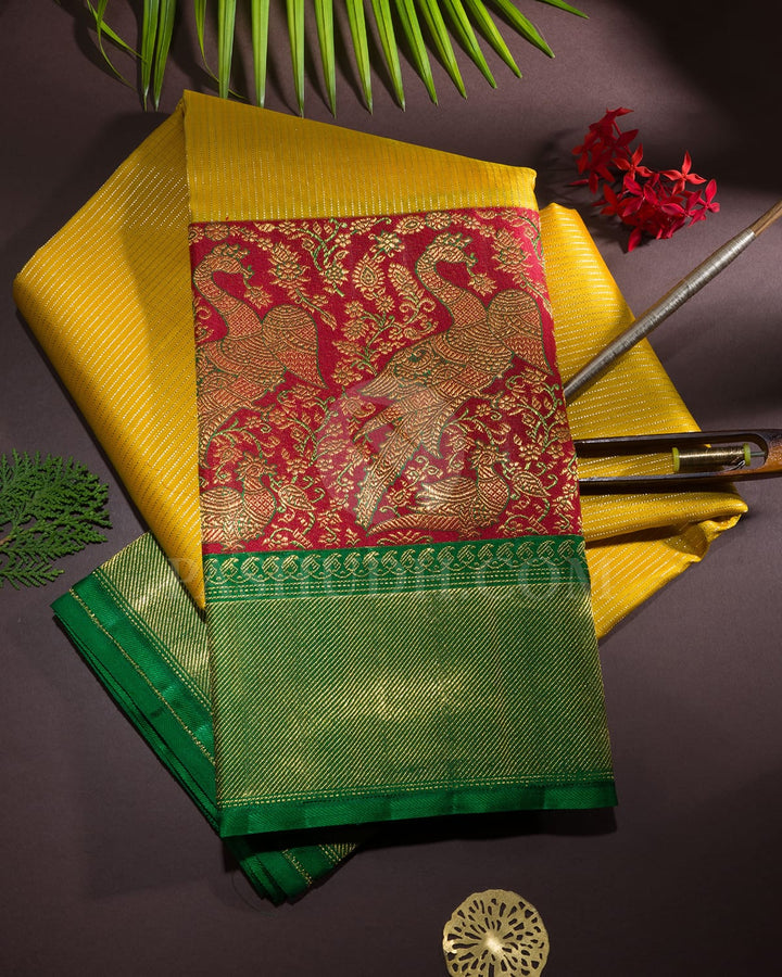 Turmeric Yellow With Dual Shaded Red-Green Kanjivaram Silk Saree-S1593(A)