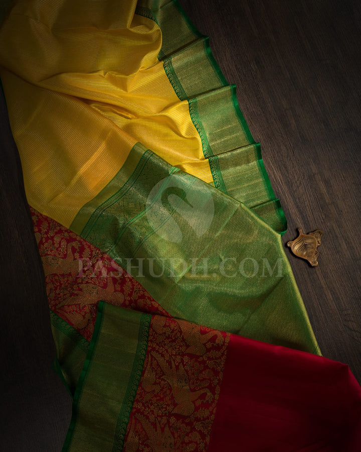 Turmeric Yellow With Dual Shaded Red-Green Kanjivaram Silk Saree-S1593(A)