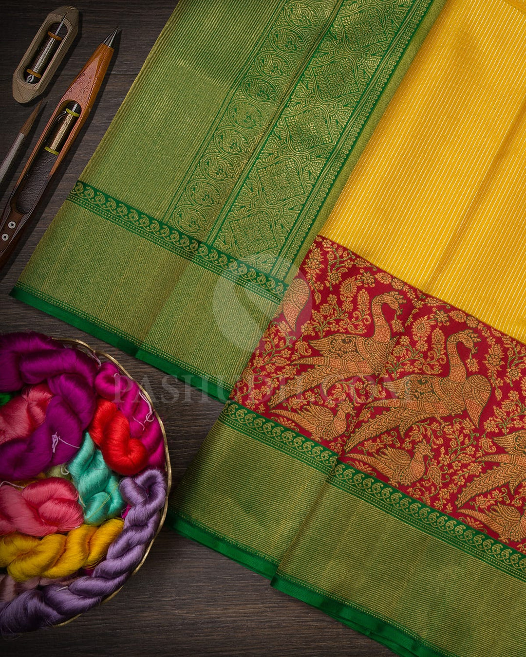 Turmeric Yellow With Dual Shaded Red-Green Kanjivaram Silk Saree-S1593(A)