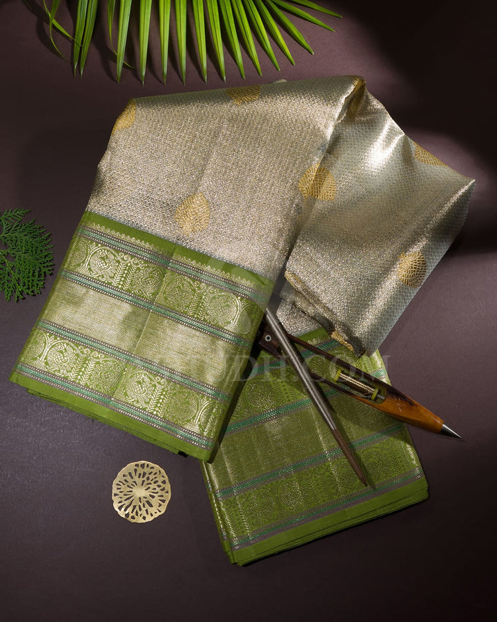 Grey Organza Shimmer With Pear Green Kanjivaram Silk Saree-S1600(A)