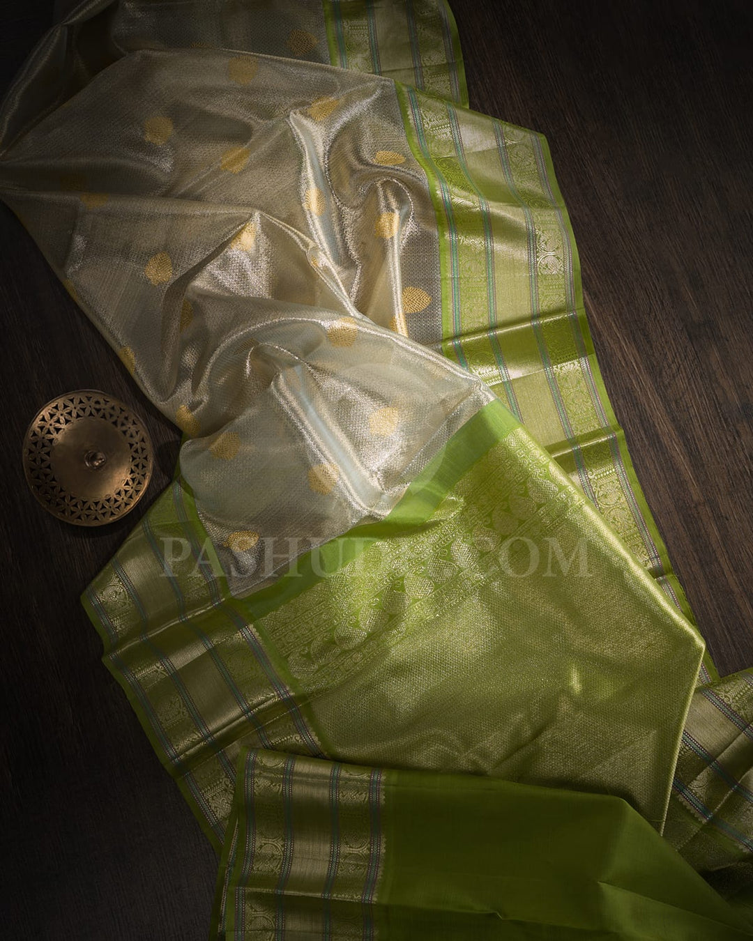 Grey Organza Shimmer With Pear Green Kanjivaram Silk Saree-S1600(A)