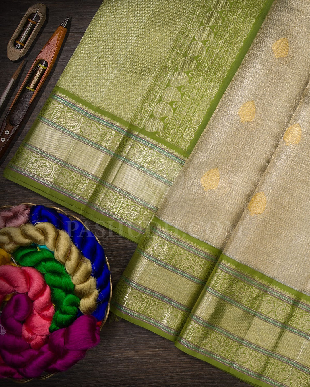 Grey Organza Shimmer With Pear Green Kanjivaram Silk Saree-S1600(A)