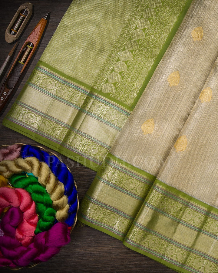 Grey Organza Shimmer With Pear Green Kanjivaram Silk Saree-S1600(A)