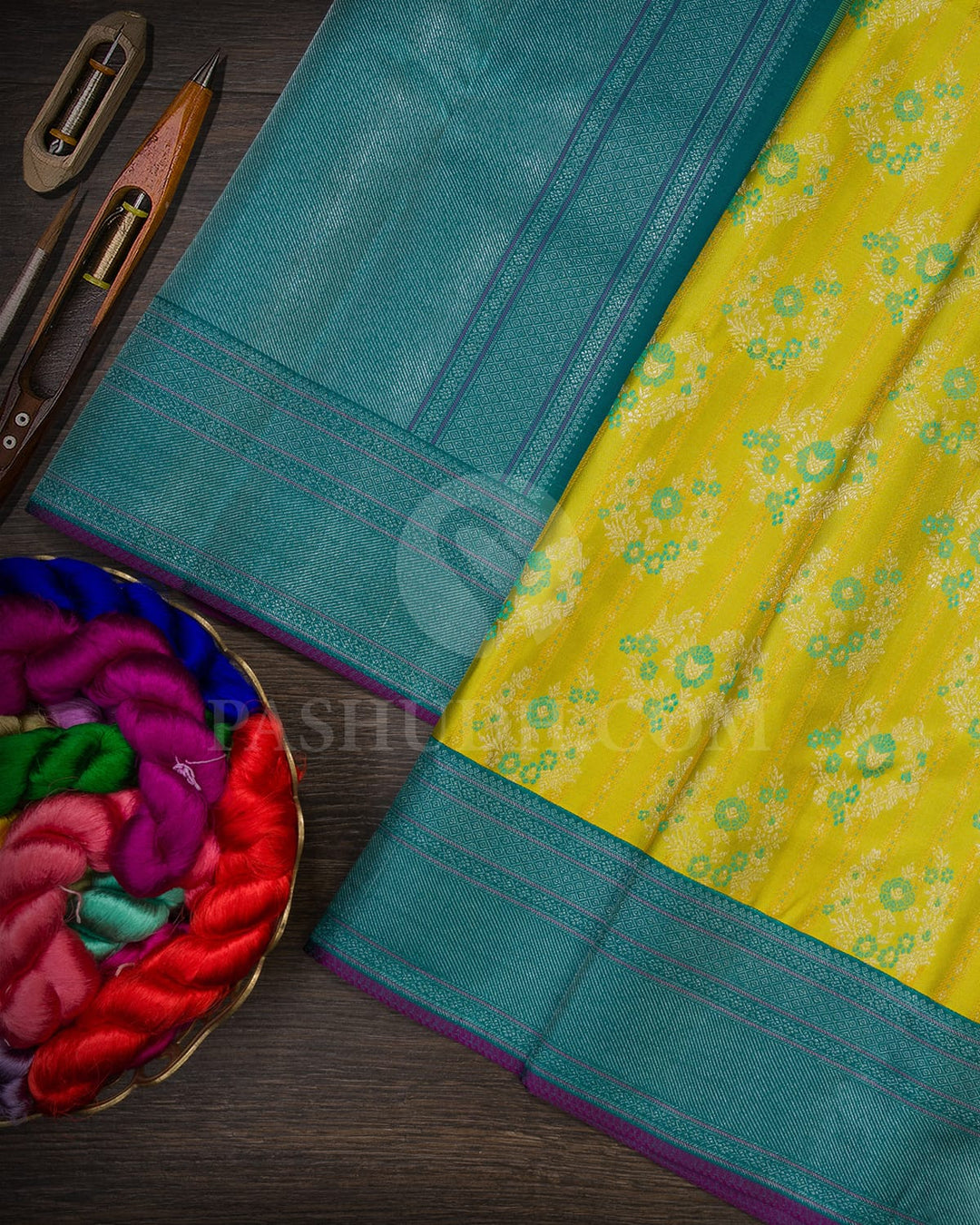 Lemon Yellow And Dark Anandha Blue Kanjivaram Silk Saree-DJ388(E)