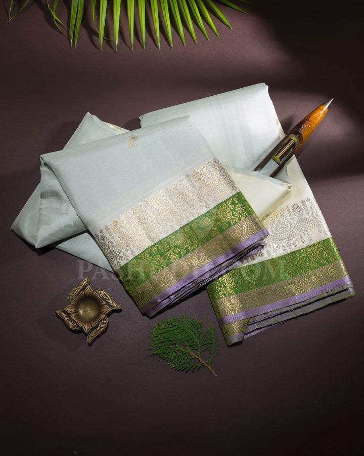 Glacier Grey With Lavender-Emerald Kanjivaram Silk Saree-S1496(C)