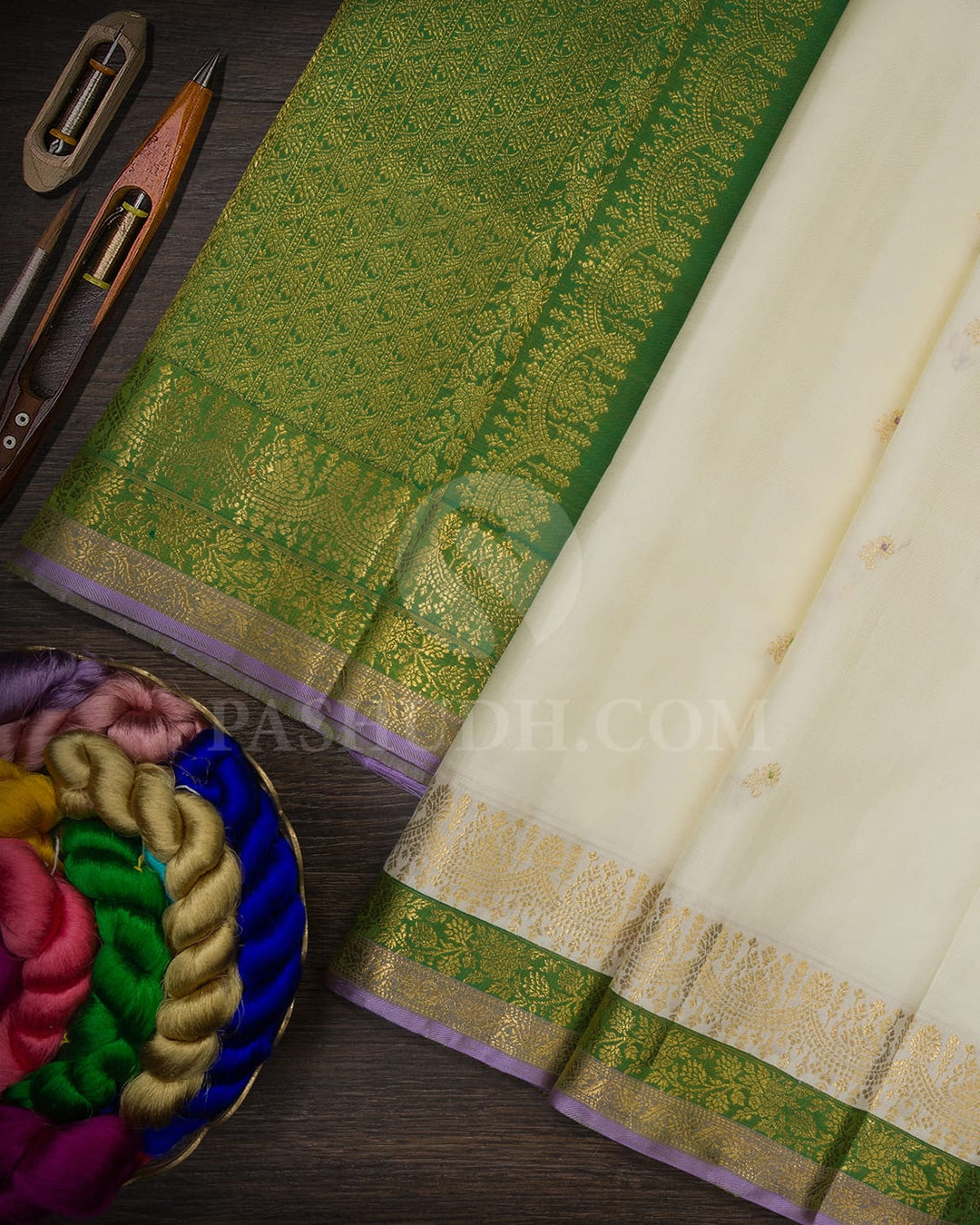 Glacier Grey With Lavender-Emerald Kanjivaram Silk Saree-S1496(C)