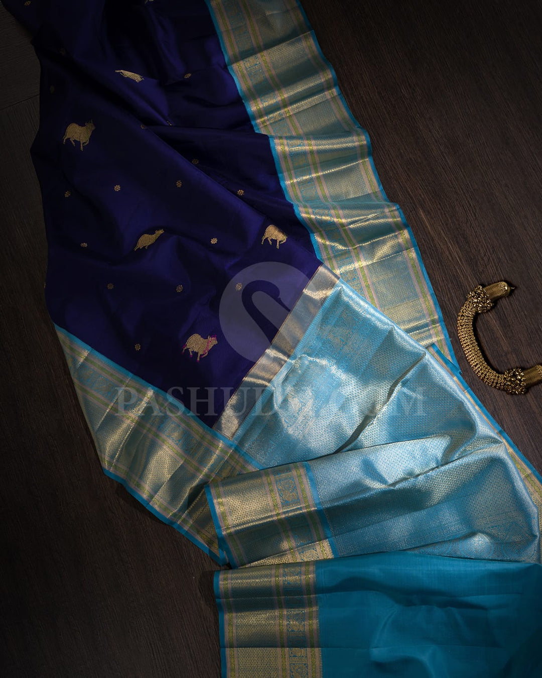 Navy Blue With Sky Blue Kanjivaram Silk Saree-S1601(A)
