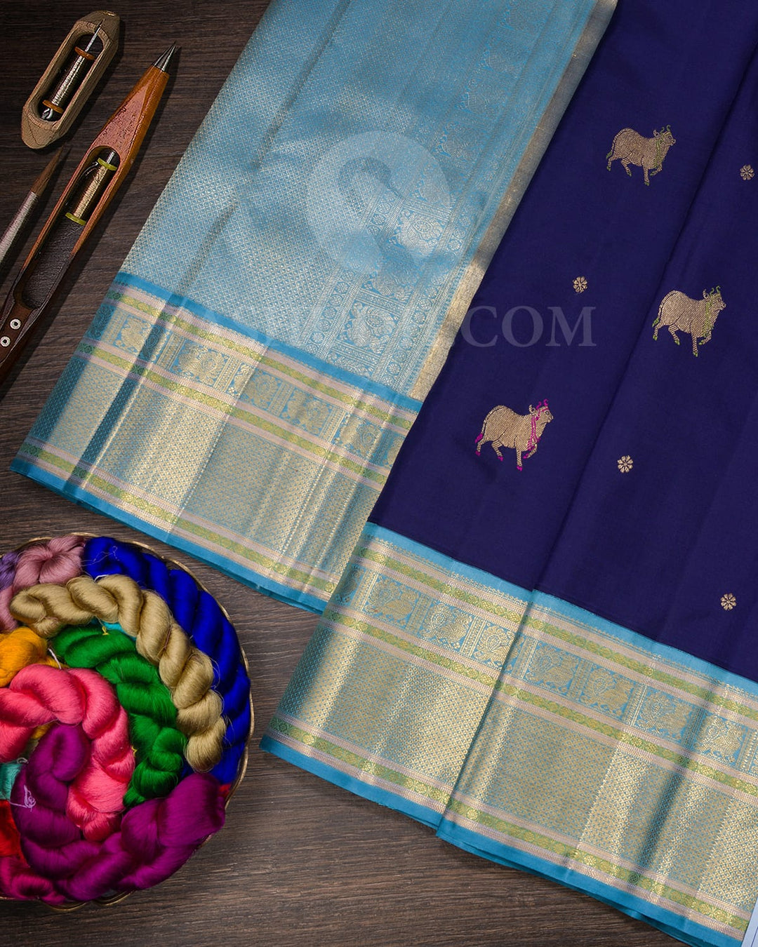 Navy Blue With Sky Blue Kanjivaram Silk Saree-S1601(A)