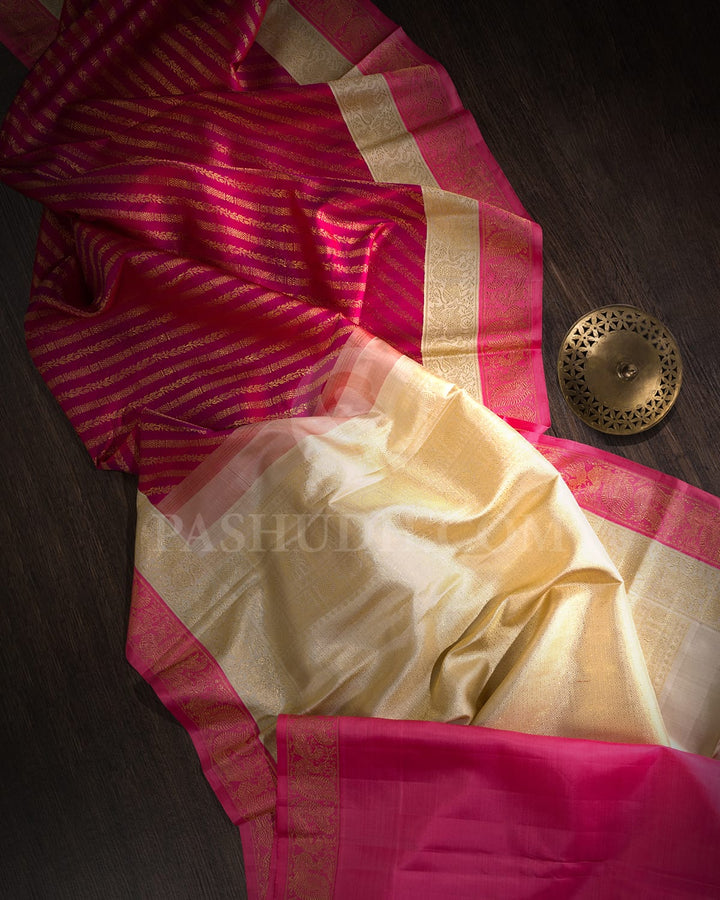 Rani Pink With Dual Shaded Half White And Baby Pink Kanjivaram Silk Saree-S1579(B)