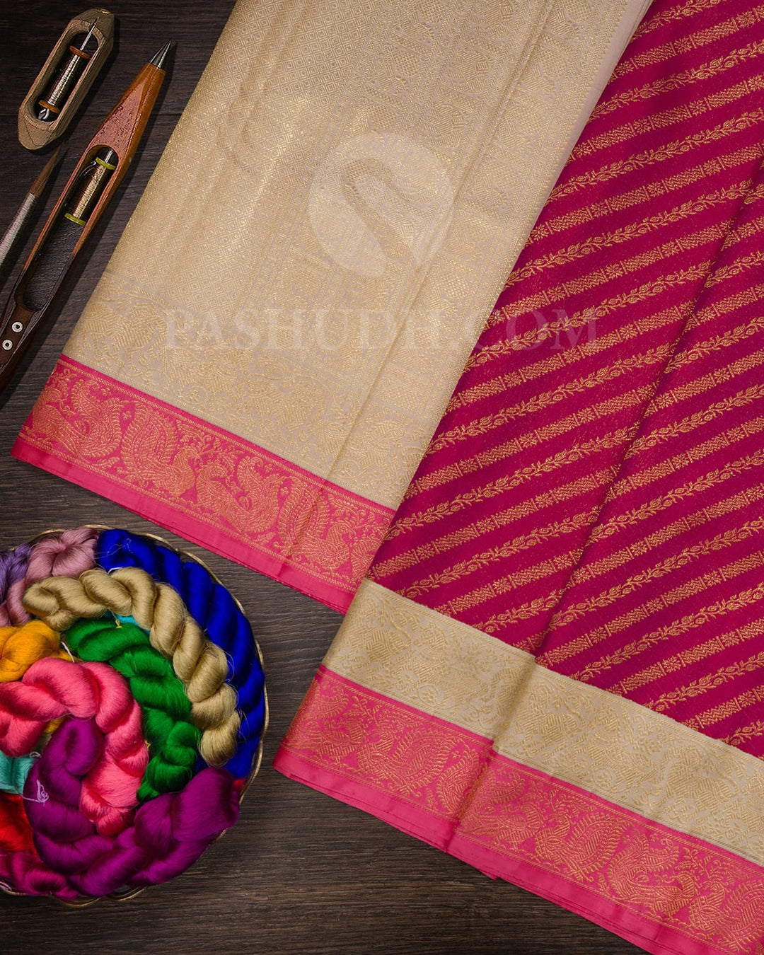 Rani Pink With Dual Shaded Half White And Baby Pink Kanjivaram Silk Saree-S1579(B)