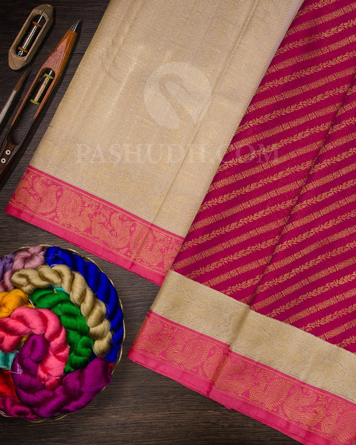 Rani Pink With Dual Shaded Half White And Baby Pink Kanjivaram Silk Saree-S1579(B)