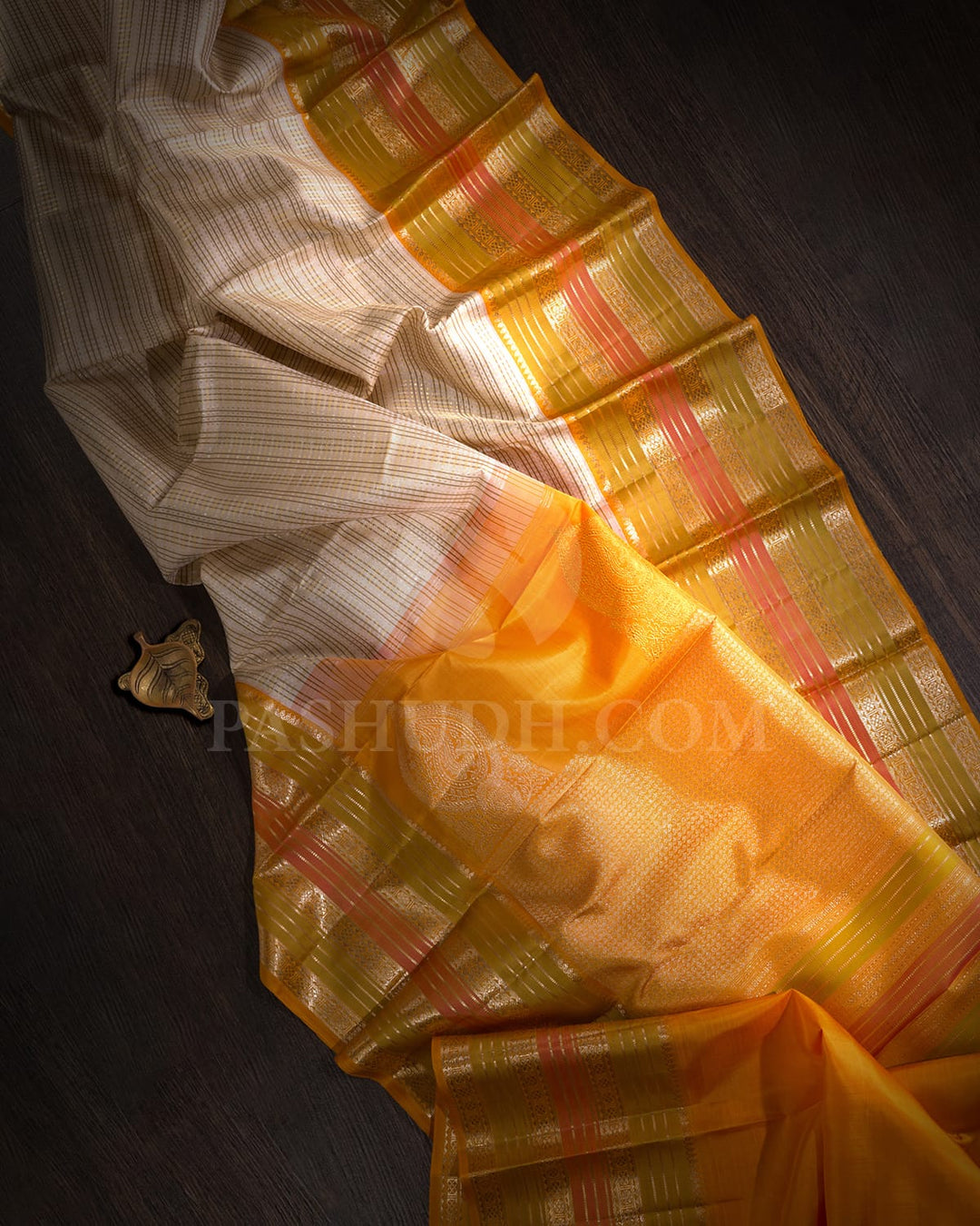 Half White With Mango Yellow Kanjivaram Silk Saree-S1177(B)