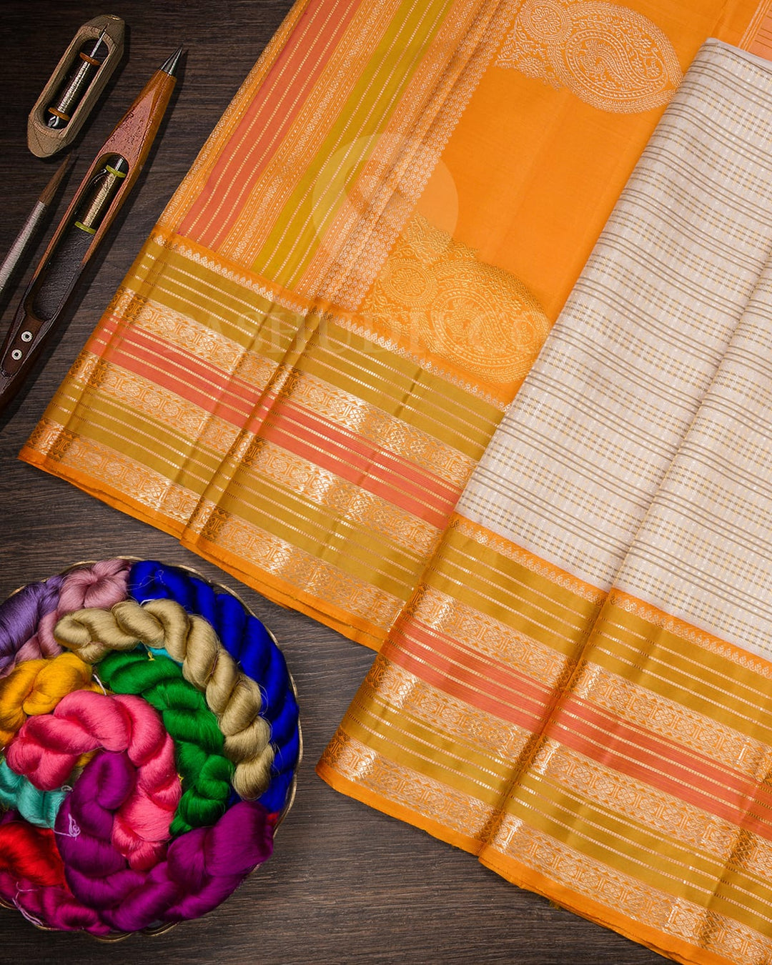 Half White With Mango Yellow Kanjivaram Silk Saree-S1177(B)