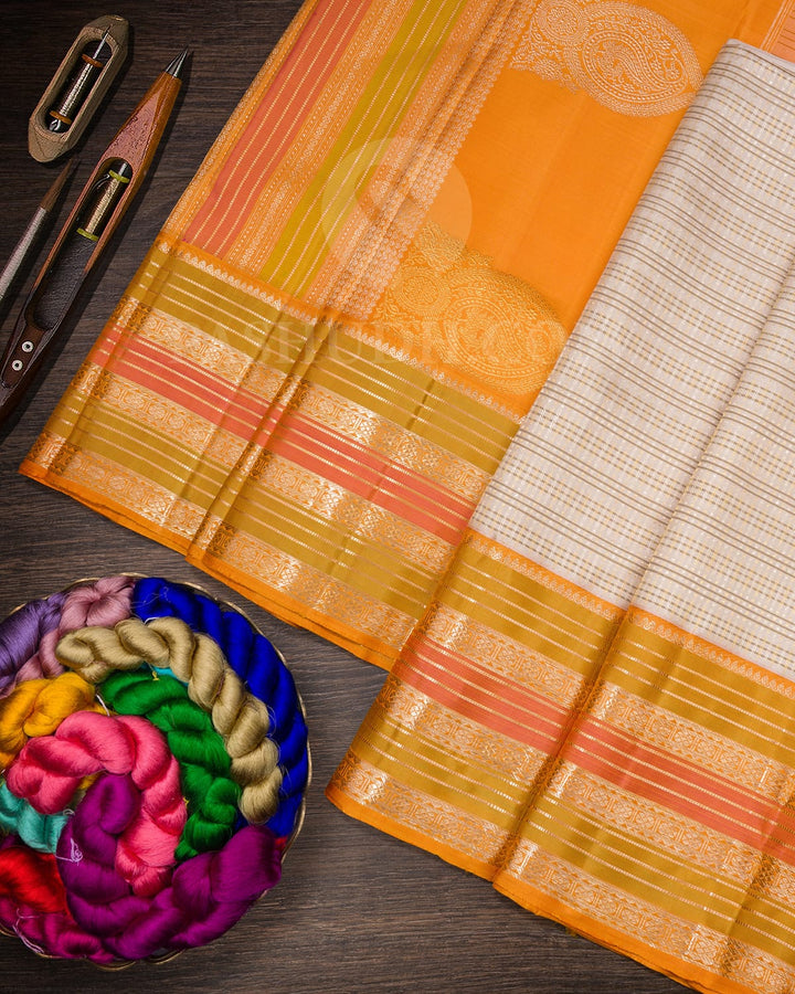 Half White With Mango Yellow Kanjivaram Silk Saree-S1177(B)