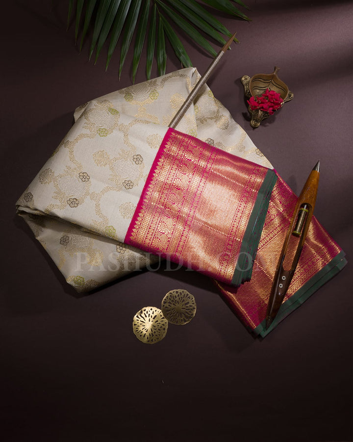 Half White And Rani Pink Bridal Kanjivaram Silk Saree-S1604(A)