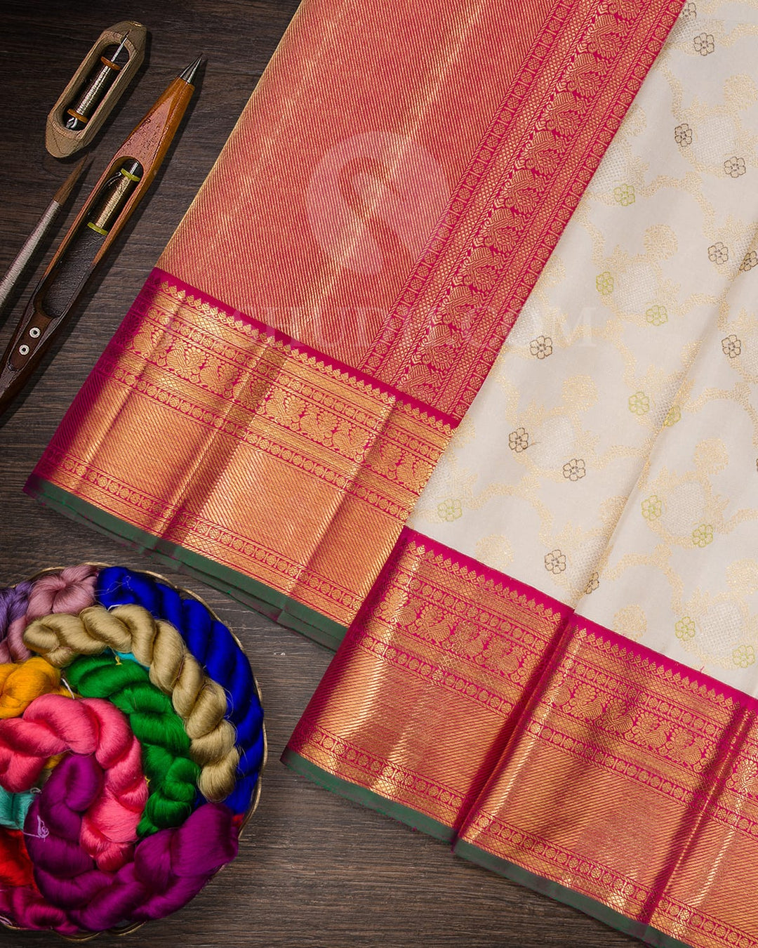 Half White And Rani Pink Bridal Kanjivaram Silk Saree-S1604(A)