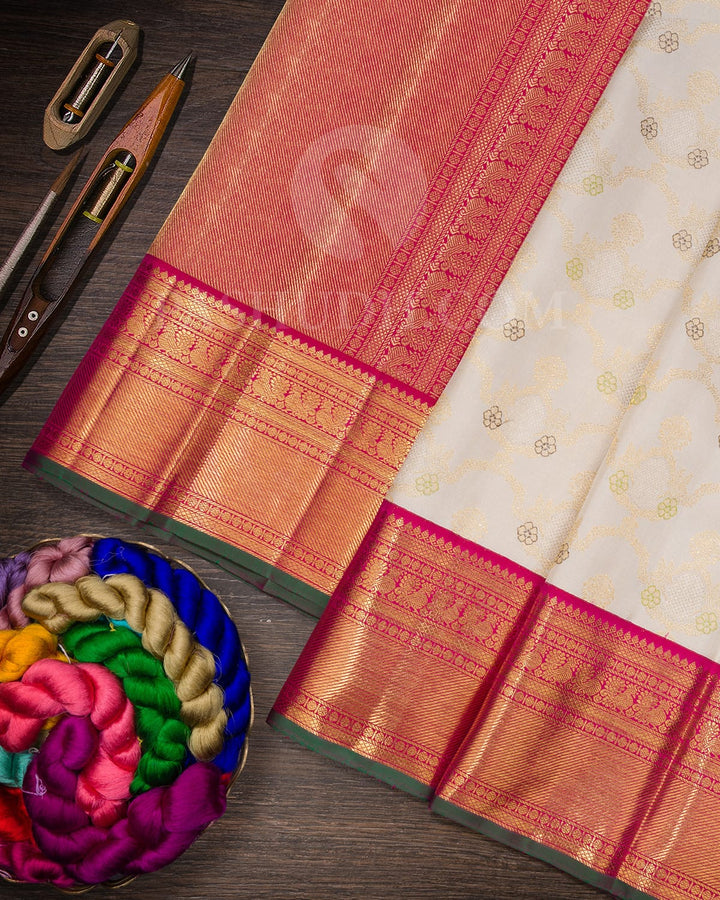 Half White And Rani Pink Bridal Kanjivaram Silk Saree-S1604(A)